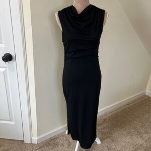 Women’s Black Cowl Sleeveless Ruched Waist Side Slit Light Cotton Blend Dress